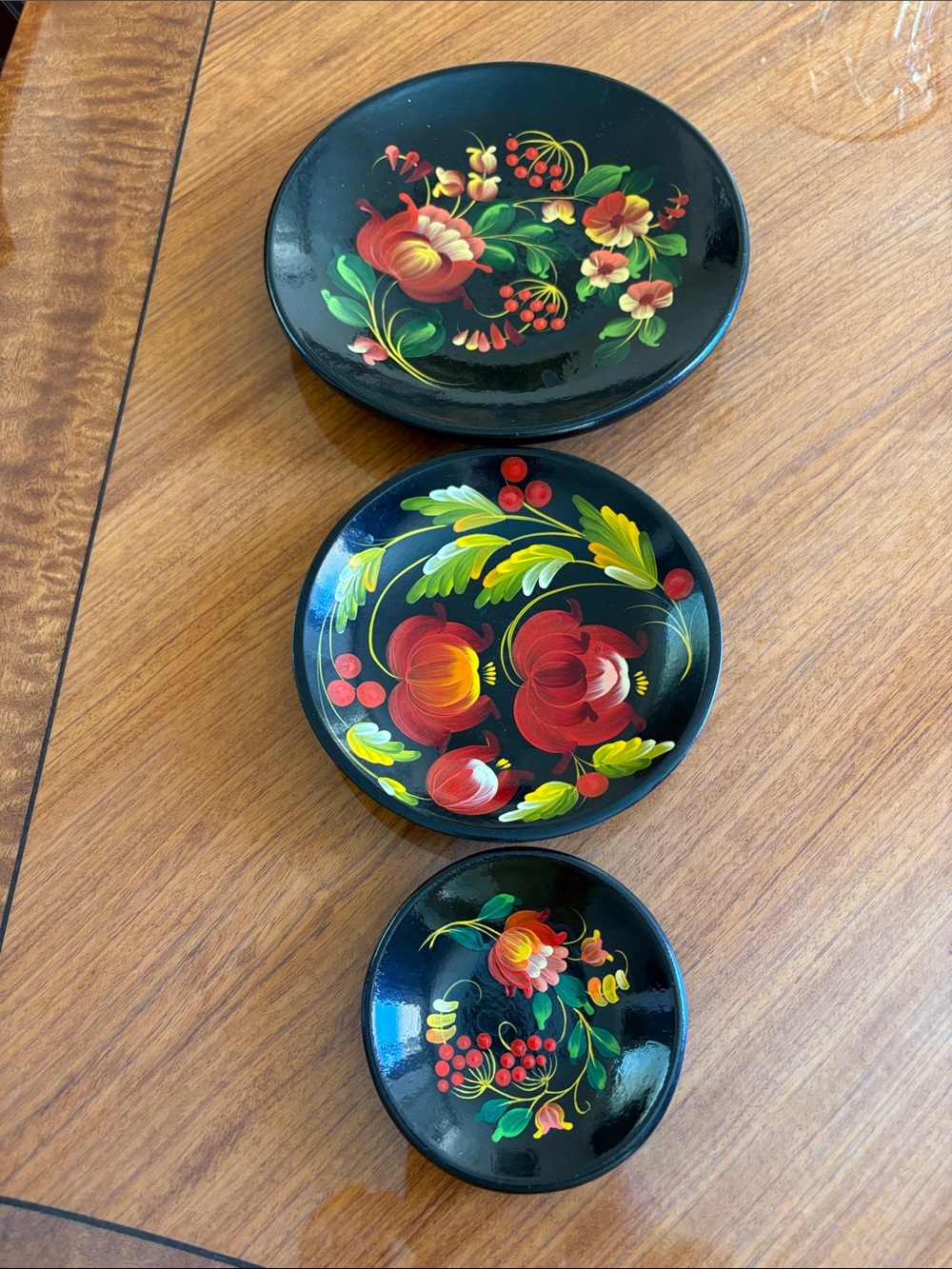 Hand-Painted Russian-Style Nesting Trays in Black with Red Floral Design
